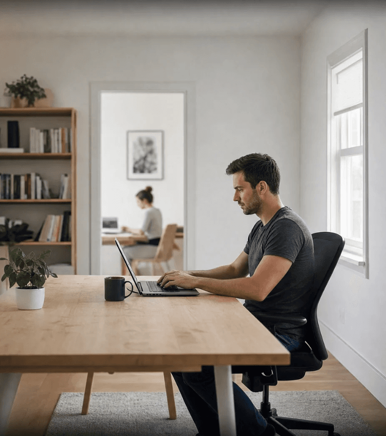 A coordinator working at a desk, with a colleague visible working in the next room